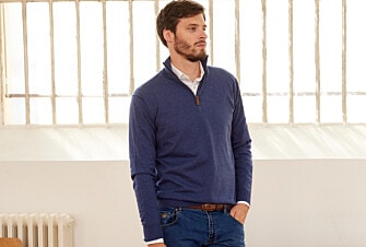 Pull col zippé homme fin coton bio/cachemire Bleu Foncé Chiné - VLAD