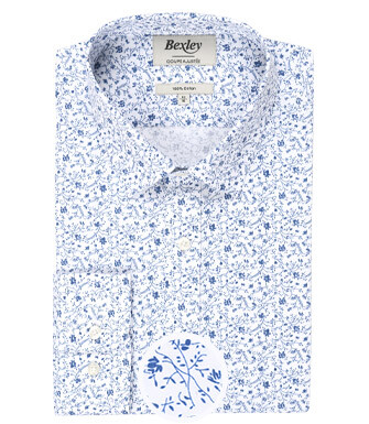 Chemise imprimée blanche à fleurs bleues - Col français - FIDÉLIAS