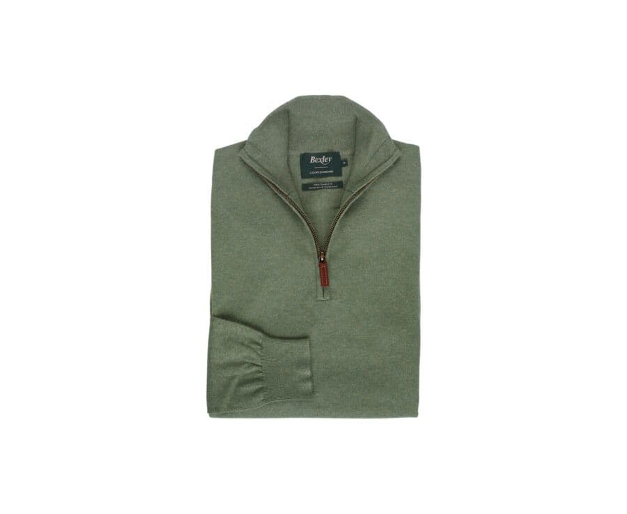 Pull fin homme coton bio/cachemire col zippé Vert Sauge Chiné - VLAD