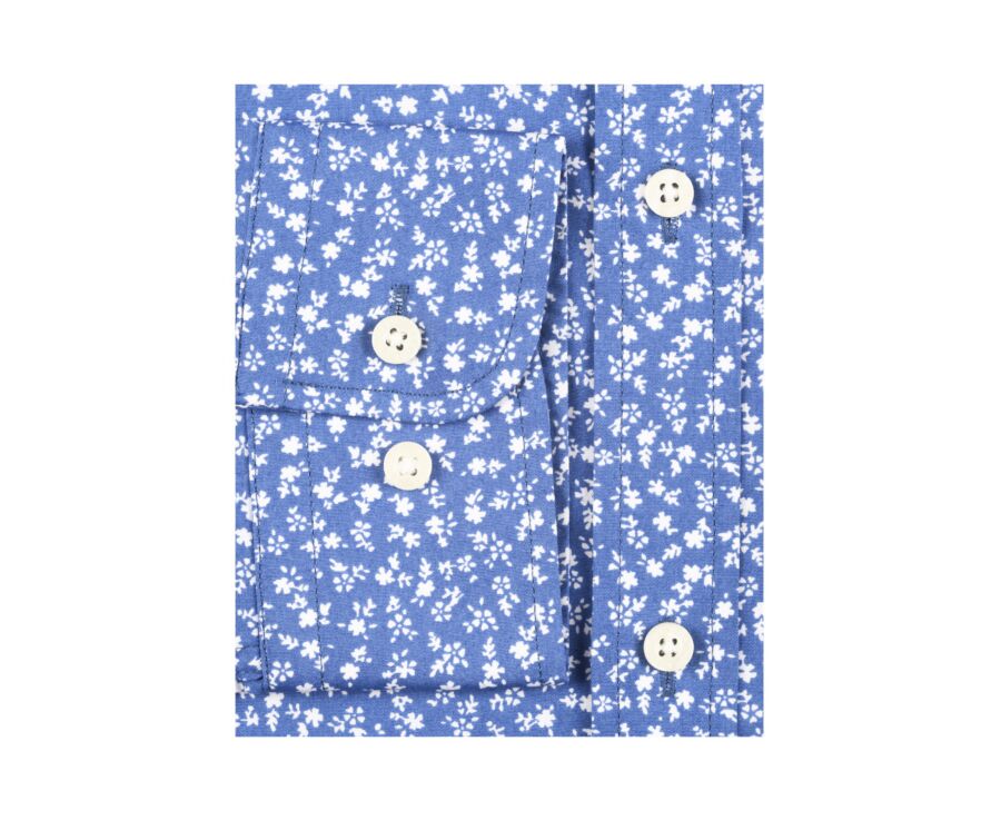 Chemise bleue imprimée fleurs blanches - Col français - MATHURIN