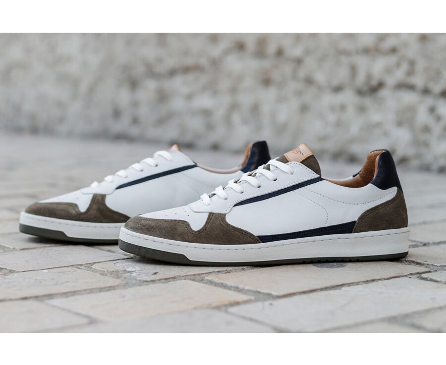 Sneakers cuir homme Kaki Blanc et Navy - KOLORA