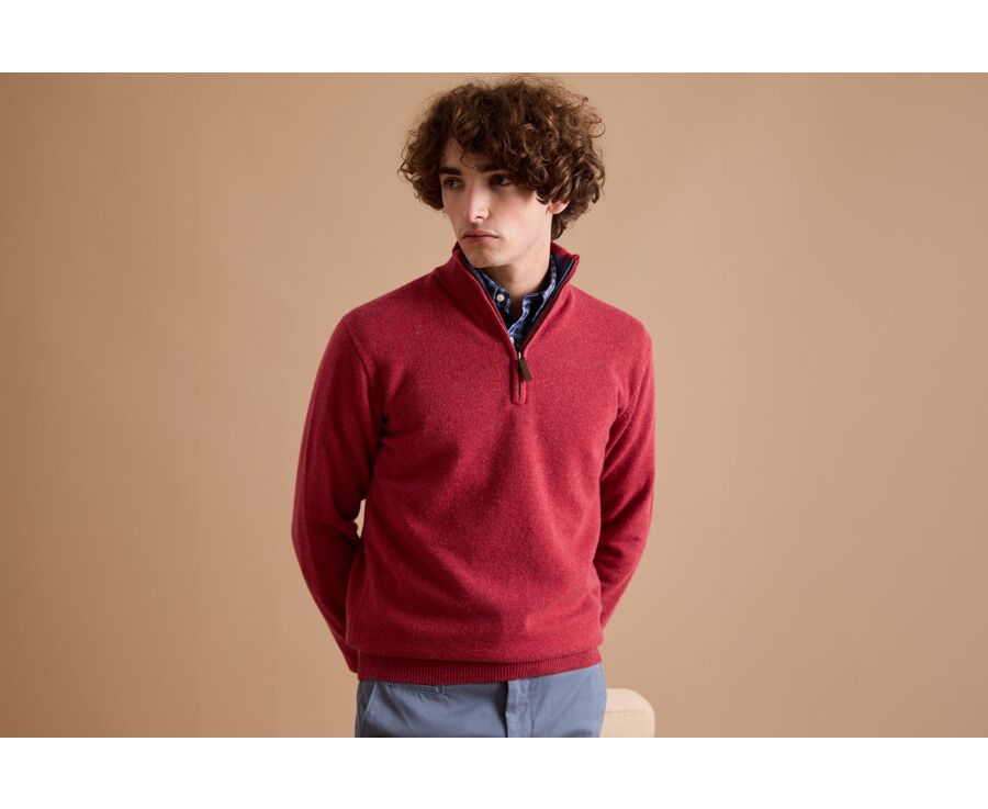 Pull col zippé homme laine Rouge et Bleu Foncé Chiné - KEYDEN