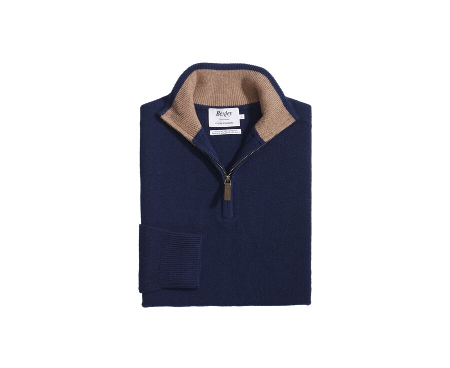 Pull col zippé homme laine Marine et Noisette Chiné - KEYDEN