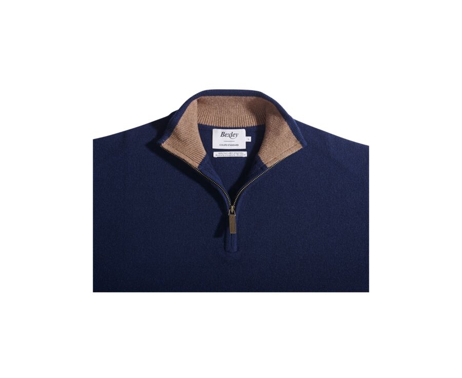 Pull col zippé homme laine Marine et Noisette Chiné - KEYDEN