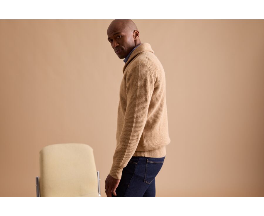 Pull laine Col Châle homme Beige Foncé Chiné - KELLAN