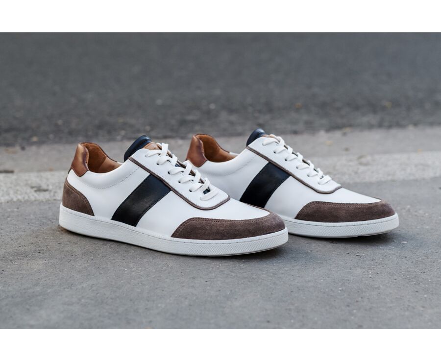 Sneakers cuir homme Blanc Chocolat & Navy - BALLAARA