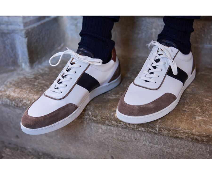 Sneakers cuir homme Blanc Chocolat & Navy - BALLAARA