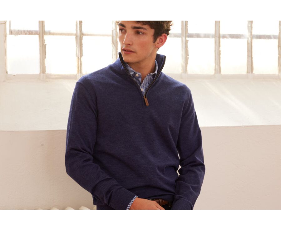 Pull col zippé homme Bleu foncé chiné - VLARINOS