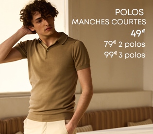 Homme portant un polo beige manches courtes avec le texte 'Polos Manches Courtes 49€, 79€ 2 polos, 99€ 3 polos'