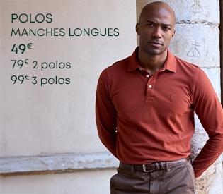 Homme portant un polo rouge manches longues avec le texte 'Polos Manches Longues 49€, 79€ 2 polos, 99€ 3 polos'