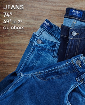 Jeans en bleu délavé et bleu foncé avec le texte 'Jeans 74€, 49€ le 2e au choix'