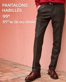 Pantalons en velours beige et marron avec le texte 'Pantalons Velours 74€, 49€ le 2e au choix'